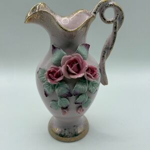 1950s Lefton China Pink Floral Ceramic Pitcher Vase K7060